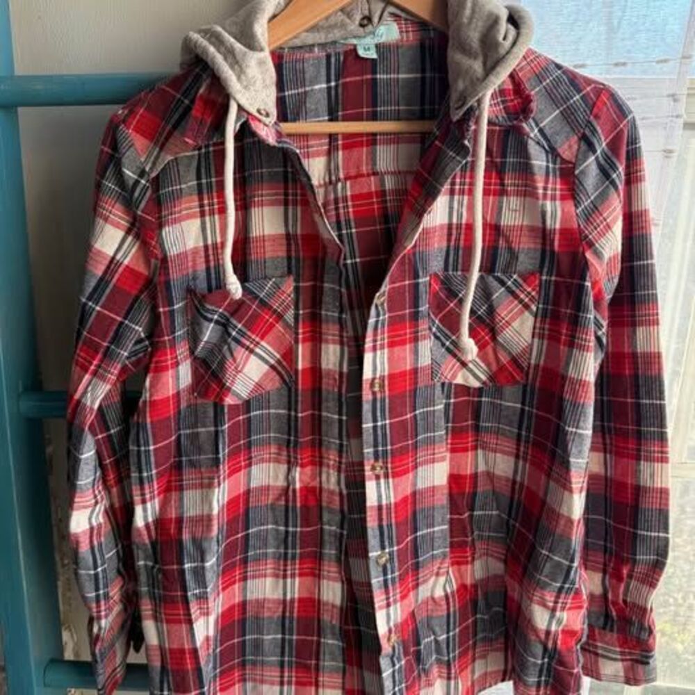 Red white blue flannel button down with hood boutique brand women’s size m USA